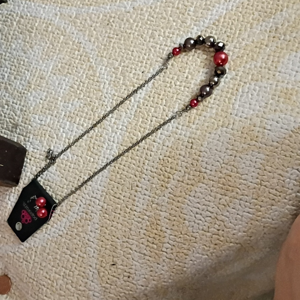 Elegant Red and Silver Beaded necklace And Earrings